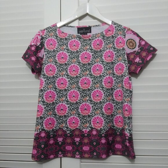 Carole Little Tee Top Pink Floral Border Print Knit Top Size Small - Picture 1 of 9